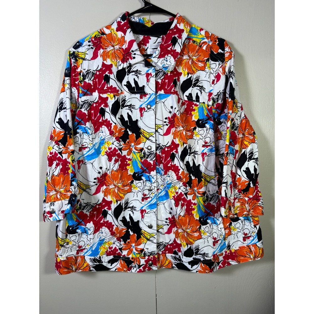 CJ Banks Floral Denim Style Jacket 2X Multicolor Bold Floral Abstract Whimsy